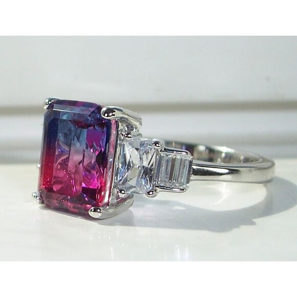 925 STERLING SILVER Bicolor Cubic Zirconia & Baguette Ring Blue & Pink - Picture 2 of 16